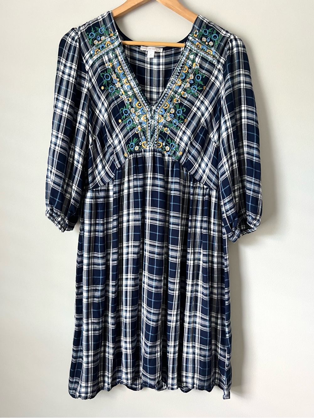 Westport 1962 Blue & White Plaid Embroidered V-Neck Boho Midi Dress - Size M